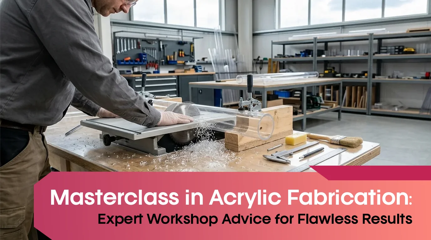 Professional workshop cutting a clear acrylic tube using precision equipment
