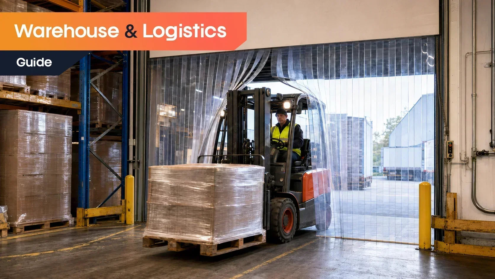 Forklift passing through a Thermastock clear PVC strip curtain at a warehouse loading bay.