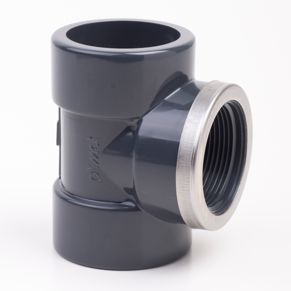 PVCu Tee 90° Plain-BSP Female Thread Steel Reinforced Ring Ring Adaptor Inch Fitting | Plastock