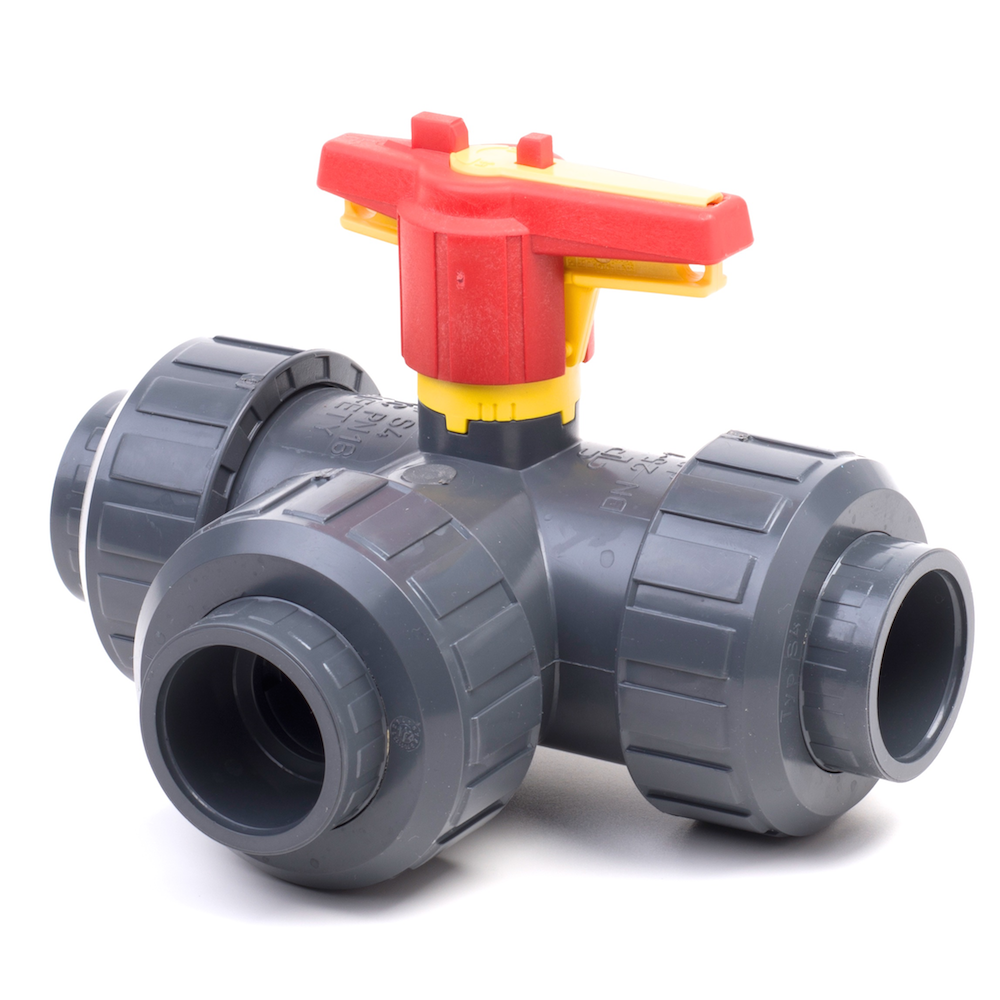 PVCu 3 Way Ball Valve L Port Plain Metric Sockets EPDM Seals | Plastock